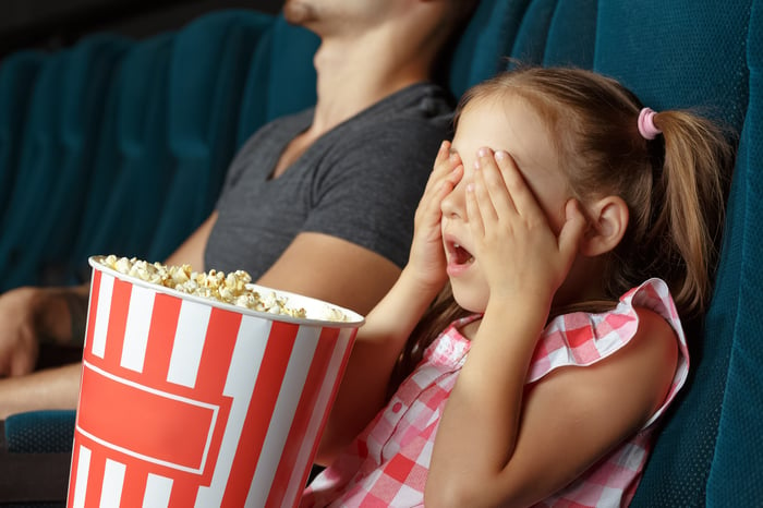 Little girl holding popcorn in a theater covers her eyes