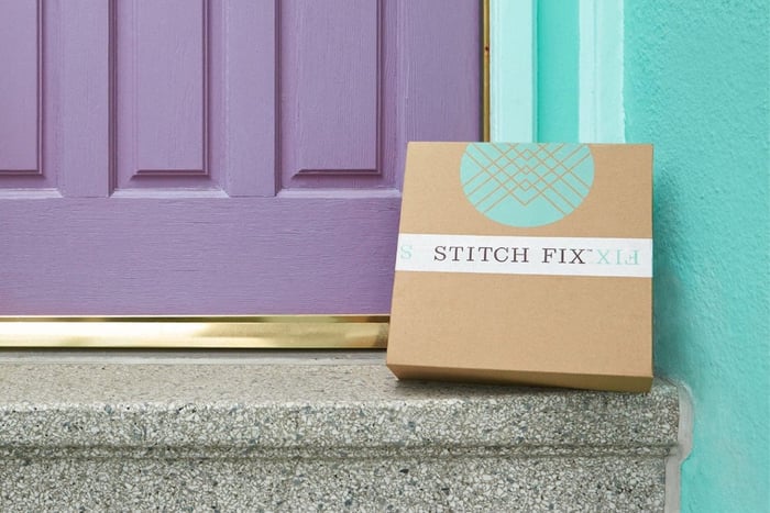 A Stitch Fix package leaning against a lavender door.