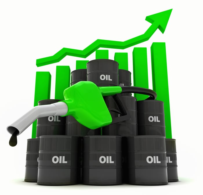 A bunch of oil drums and a fuel nozzle, infront of a growing bar graph with a line following the progress.