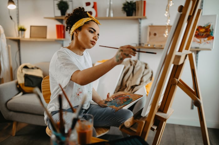 Woman painting in her home studio.