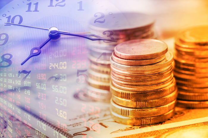 A clock and digital stock quote board superimposed next to stacks of coins and cash bills. 