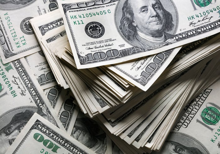 A large messy stack of one hundred dollar bills.