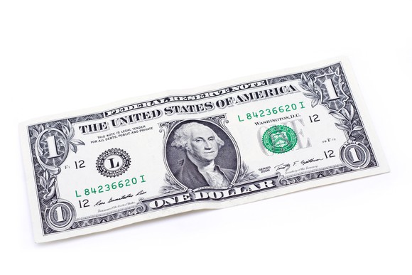 One dollar bill lying flat.