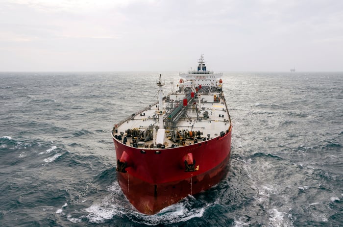 A commercial dry bulk vessel out at sea. 