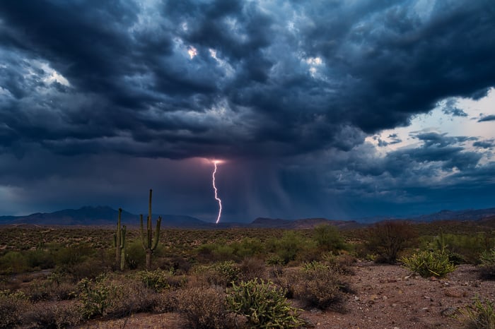 Storm clouds in distance with lightning strike.