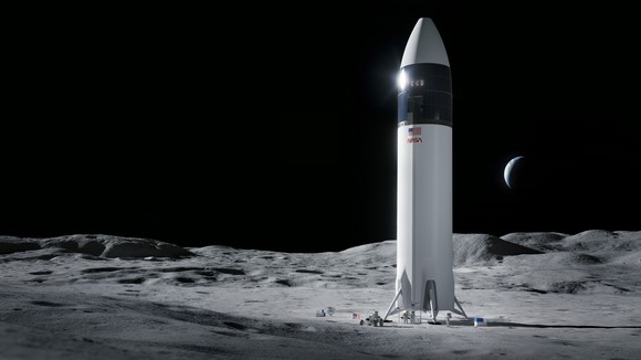Rendering of the SpaceX landing system on a Starship rocket on the moon.