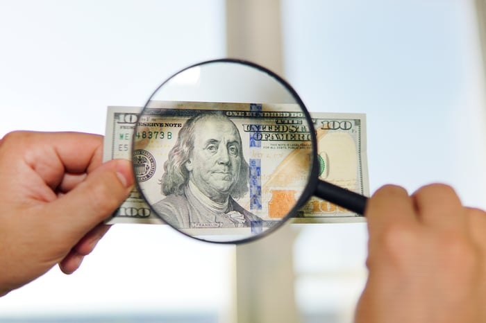 A person examines a one hundred dollar bill using a magnifying glass.