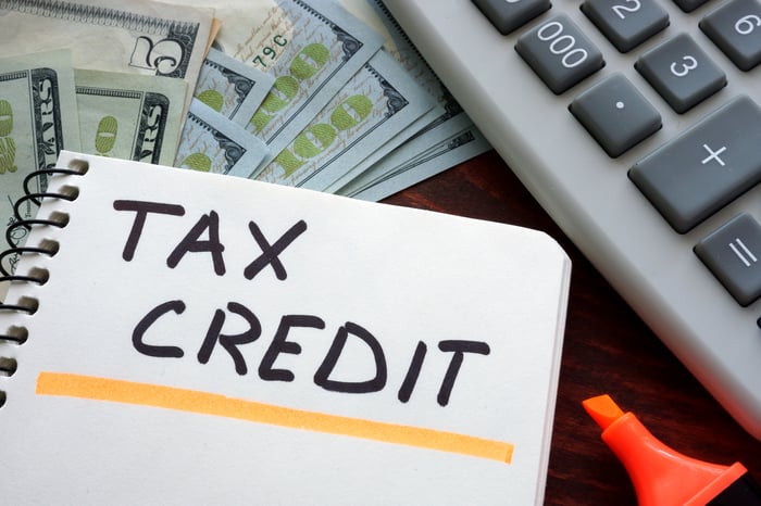 Tax credit notebook next to calculator and money. 