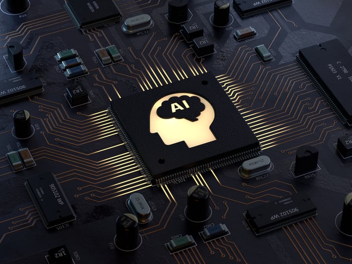 A circuit board with a chip labeled AI at the center.