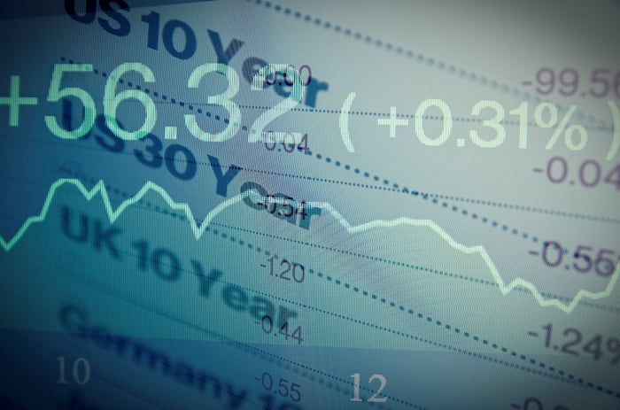 A transparent rising chart laid over text showing interest rates for various countries' bonds