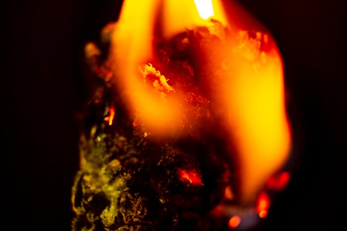 A marijuana bud on fire.