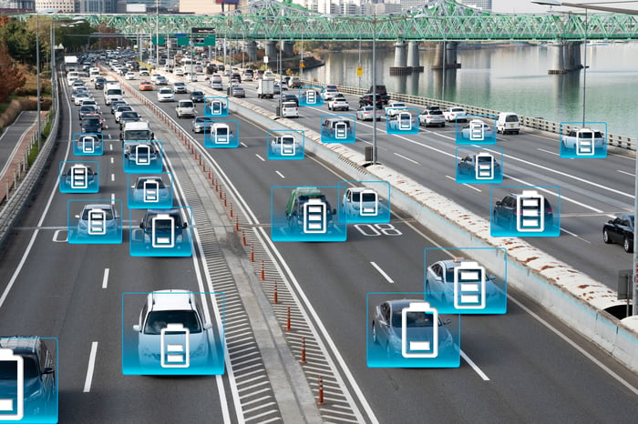 Illustration of vehicles on the road that are all electric and connected.