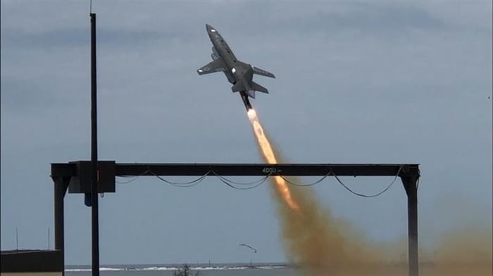 The Skyborg-enabled Mako drone rockets into the sky at launch.