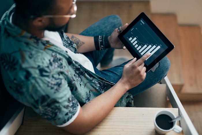 Young person uses a tablet to investigate a bar graph with a trend line, sitting on a ladder beside a cup of coffee.