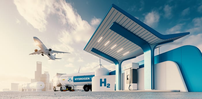 Hydrogen gas station with truck, jet and city in the background.