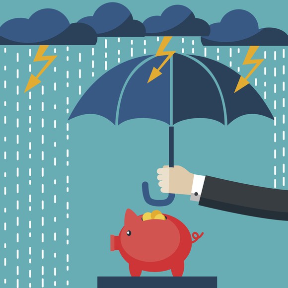 Piggy bank under umbrella.