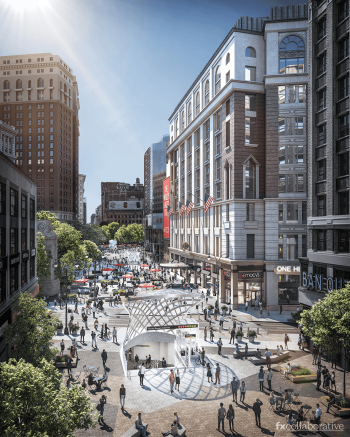 A rendering of the proposed pedestrian plaza outside Macy's Herald Square flagship store