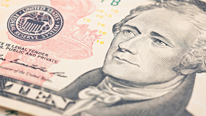 An up-close view of Alexander Hamilton's portrait on the $10 bill.