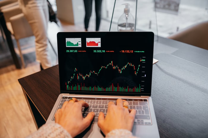 Hands resting on laptop with charts and graphics on screen