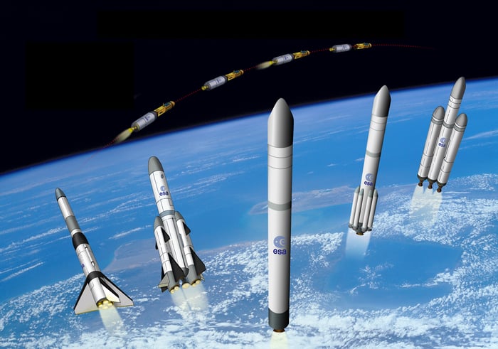 Images of future European rockets over Earth.