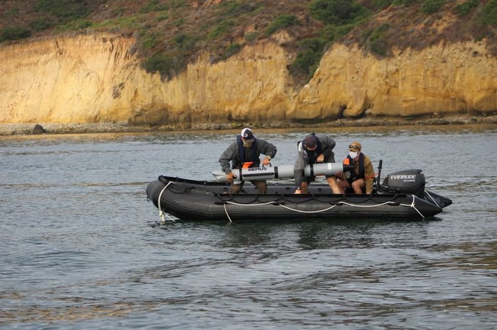 REMUS 300 being deployed from a rigid hull inflatable boat.