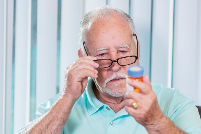 Gray-haired person adjusts eyeglasses while staring at pill bottle in hand