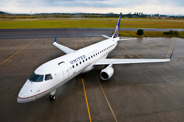 An Embraer E175 in the United Express livery.