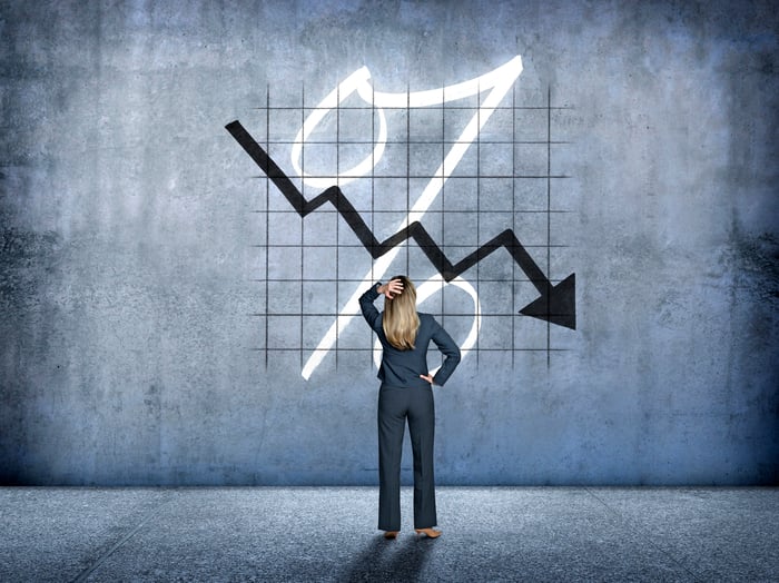 A person looking at a downward arrow and percent sign on a large graph.