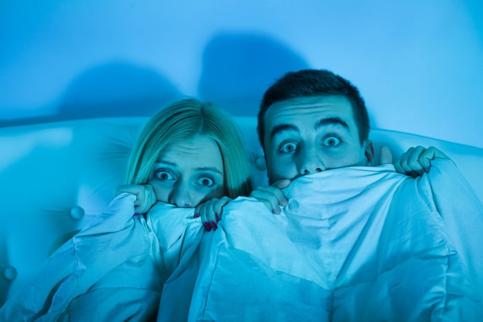 A couple in bed looks terrified.