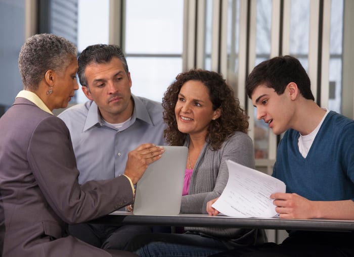 A bank worker giving a group of clients papers to look through.