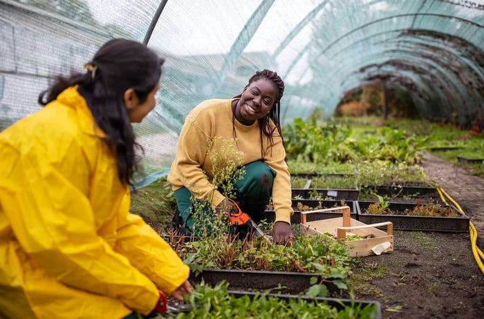 Two people talking and working inside of a greenhouse.