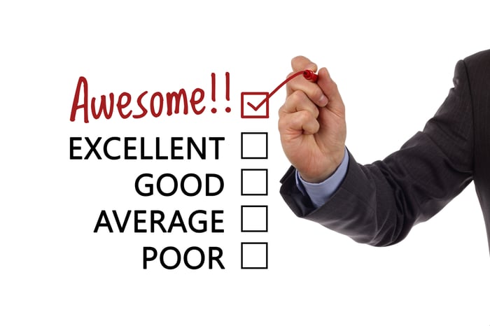 A hand checking a box next to the word Awesome on a list that also includes Poor, Average, Good, and Great.