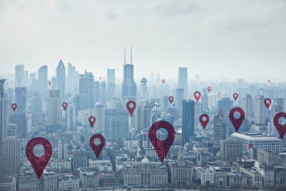 The Shanghai skyline with location indicators over it