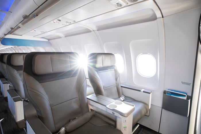 Rows of first-class seats on an Alaska Airlines plane.