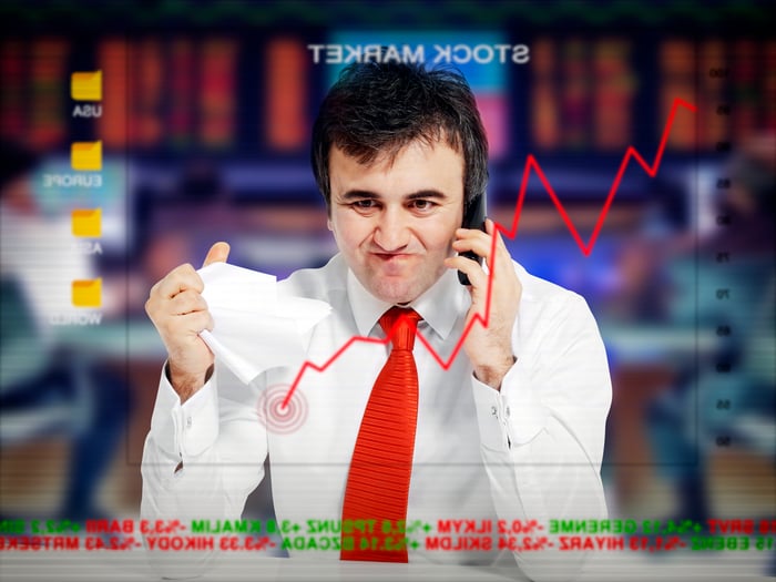 Person angry on the phone as stock portfolio falls