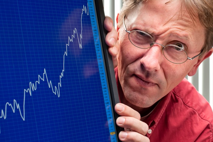 Close-up of a person with a raised eyebrow and a computer monitor showing a positive stock exchange chart.