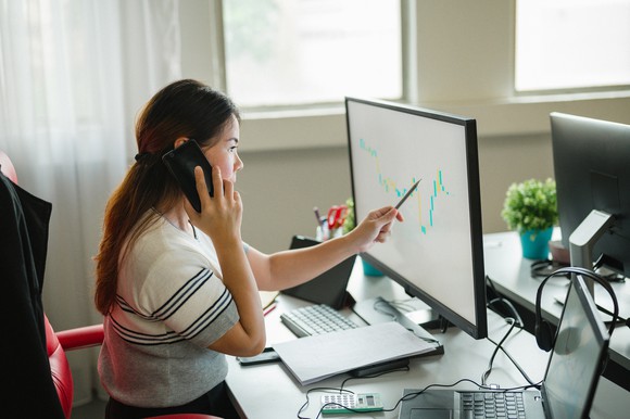 A person watches a rising stock chart on a computer while talking on the phone.