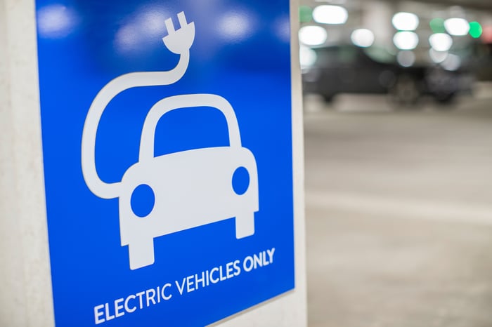 A blue sign with a car and an electric cord on it that reads electric vehicles only. 