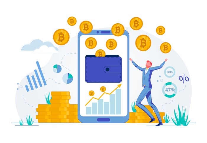 Cartoon man in suit next to a smartphone and surrounded by a cloud of Bitcoins