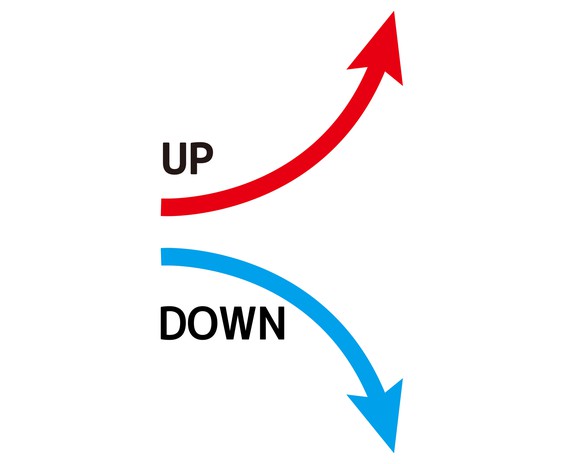 Red arrow swoops up and blue arrow swoops down.