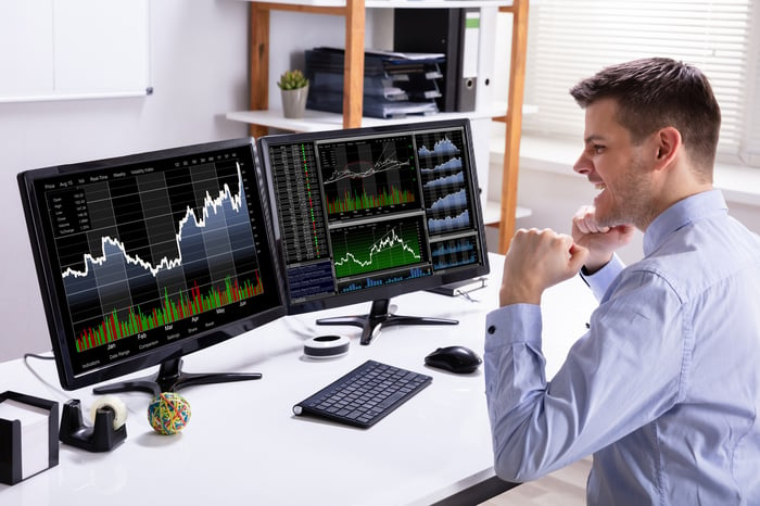 A person looking excitedly at stock price charts on computer.