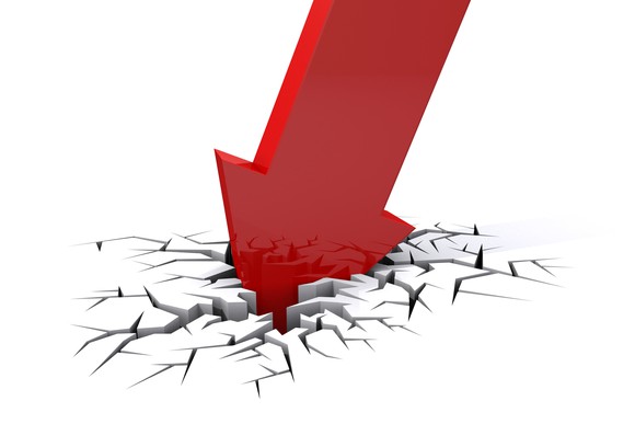 red arrow crashing through the floor implying stock crashing.