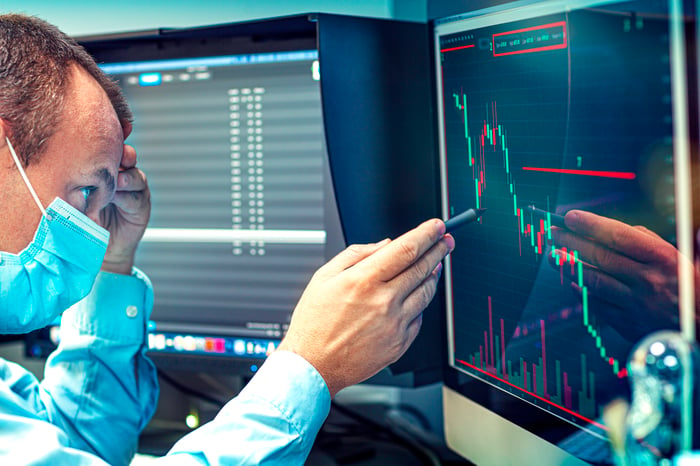 A worried person studying a falling stock price chart on a computer screen.