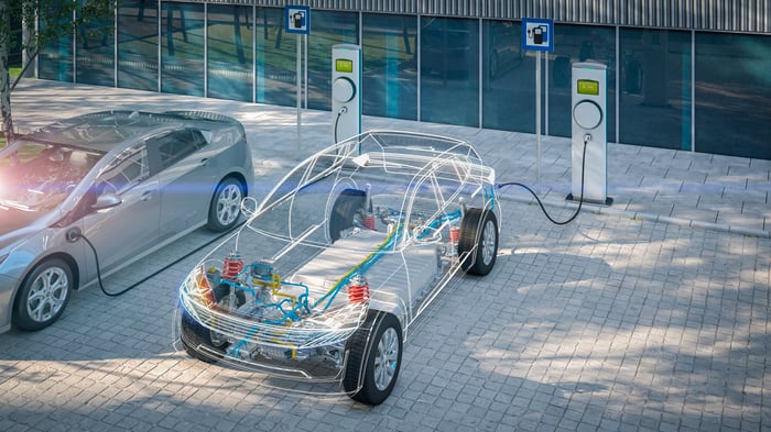 Graphic of an electric vehicle at a charging station.