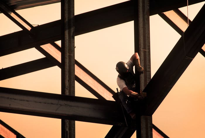 A construction worker on the steel frame of a high-rise building.