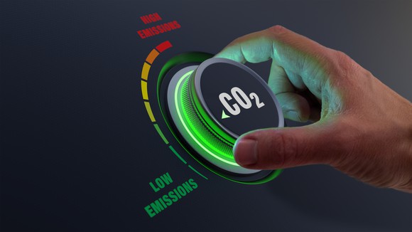 A man's hand turning a dial labeled "CO2" to the setting "Low Emissions," representing a business lowering its greenhouse gas emissions.