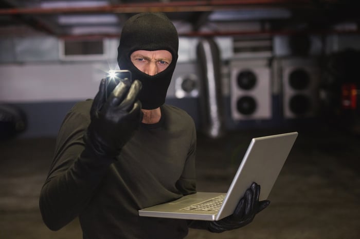 Person in gloves and a ski mask using a phone and computer for cyber crime.