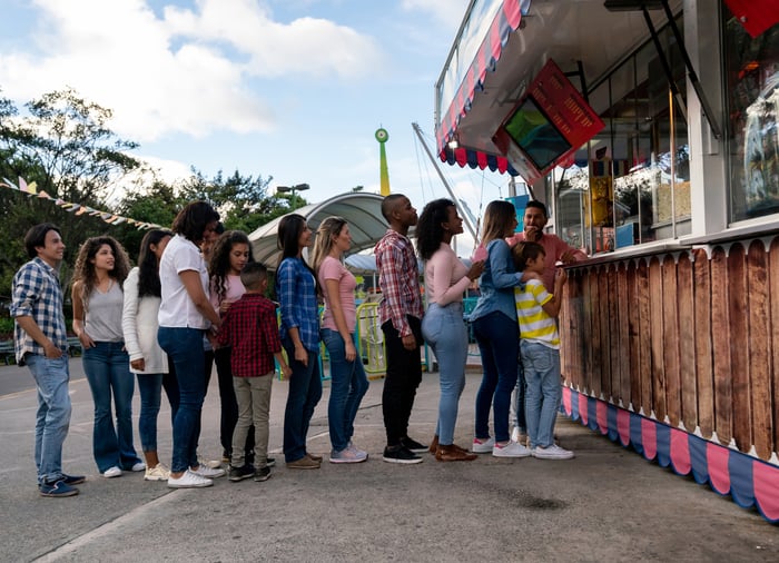 Long line of people waiting to pay admission to an amusement park.