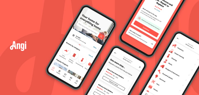 The Angi app open on several smartphones.