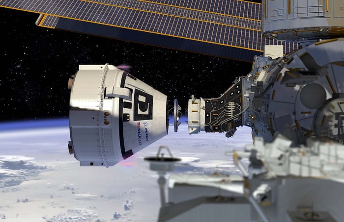 A rendering of the Starliner docking with the International Space Station.